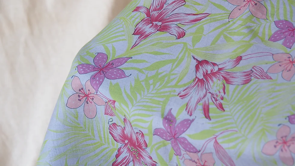 ผ้าไหมพิมพ์ลาย เนื้อเรียบ ขนาด 1x3เมตร ลายดอกไม้ สีฟ้าเทา รหัส A4-CT-103077