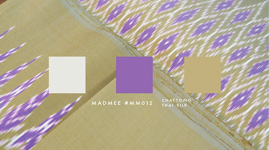 (ผ้าชุด) ผ้าไหมมัดหมี่ไหมแท้ (ผ้าลาย2หลา+สีพื้น2หลา) ลายดวงแหดอกแก้ว พื้นสีเหลืองน้ำตาลอมเทา รหัส M2B-CT-100009