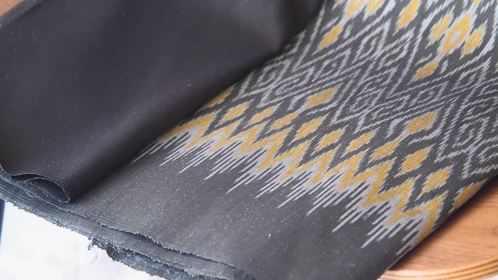 (ผ้าชุด)ไหมมัดหมี่ 3ตะกอ ไหมแท้ (ผ้าลาย 2หลา+สีพื้น2หลา) ลายดอกแก้วนาคโขดชุด พื้นสีดำเหลือบสีเขียวดำมะกอก รหัส M3-CT-102764