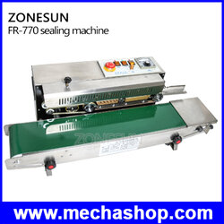 เครื่องซีลปากถุงแบบต่อเนื่อง FR-770 มาร์ควันที่ได้ ตัวเครื่องสแตนเลส Continuous Auto Film Sealing Machine Horizontal PVC Membrane Bag Film Sealer Temperature Control with 2 Mark Wheels (สินค้า Pre-Order)