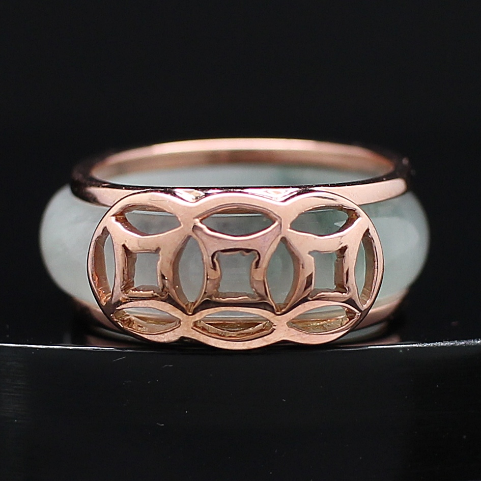 RG250070 แหวนหยกขาวพม่าแจ็กเก็ต เพชรแท้ 0.18 กะรัต ทองแท้ 18k Pinkgold นน.รวม 7.5 กรัม ขนาดแหวน 55