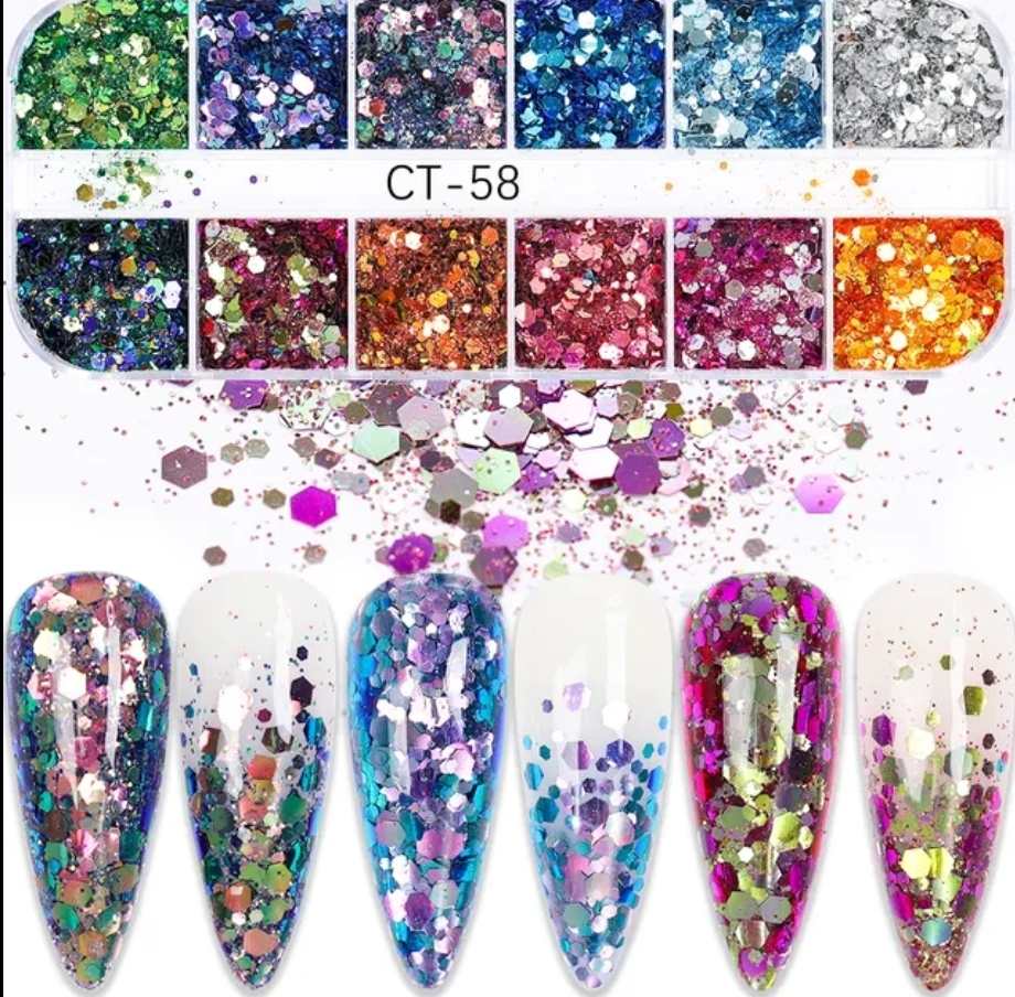 กลิตเตอร์ติดเล็บ ตกแต่งเล็บ กลิตเตอร์6เหลี่ยม รวมไซร์