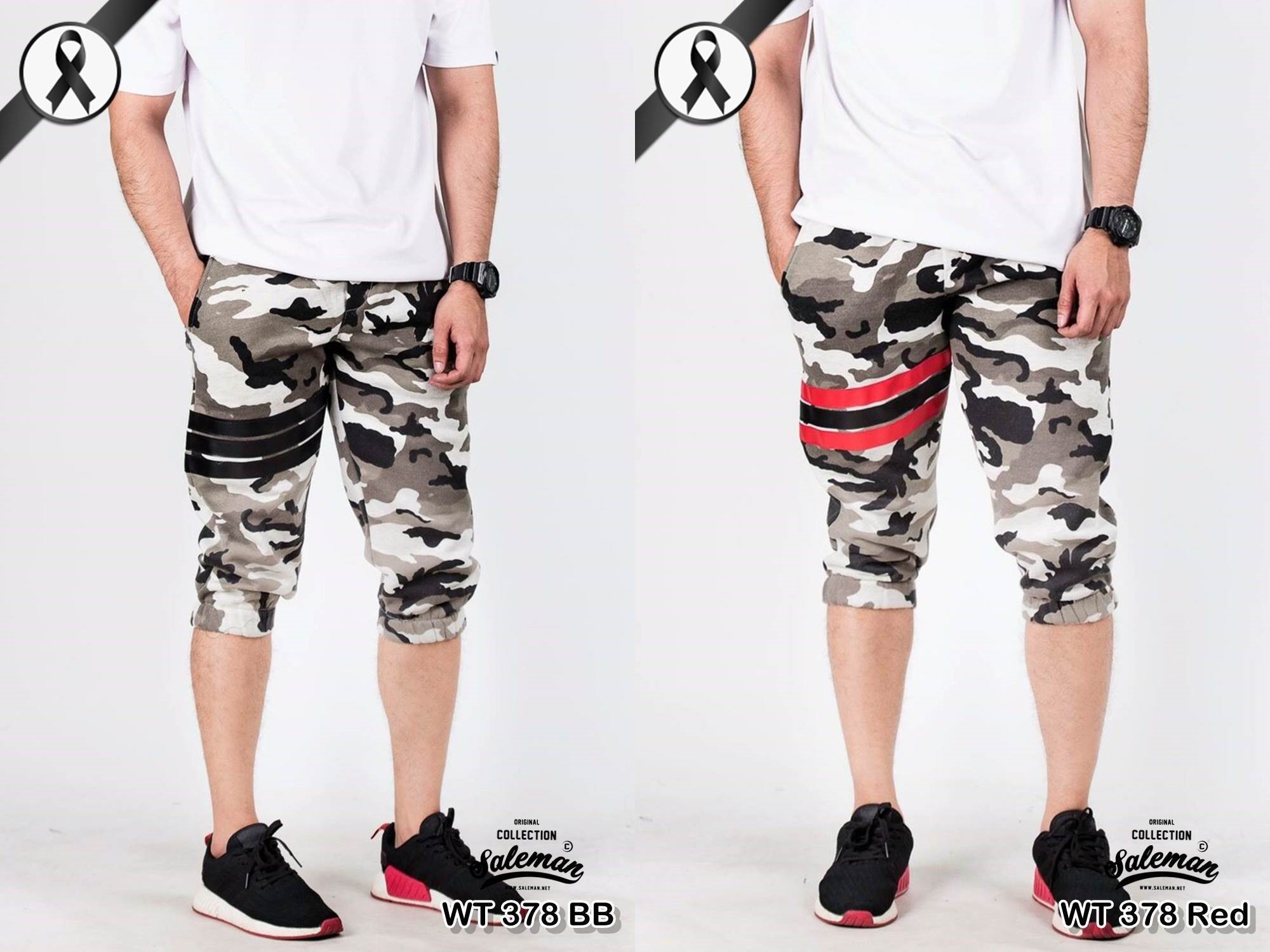 กางเกง Jogger ขาจั๊ม สามส่วน ผ้าวอร์ม WT378 ฺฺBB ลายทหาร แถบดำ