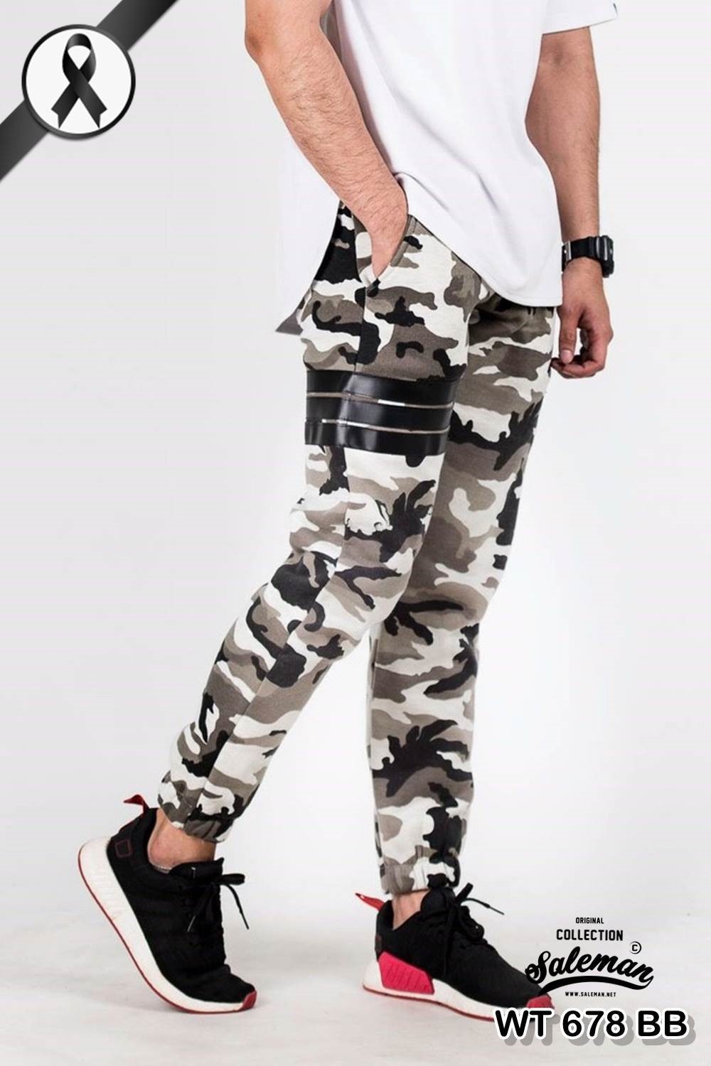 กางเกง jogger ขาจั๊ม ผ้าวอร์ม WT 678 BB ลายทหาร แถบดำ