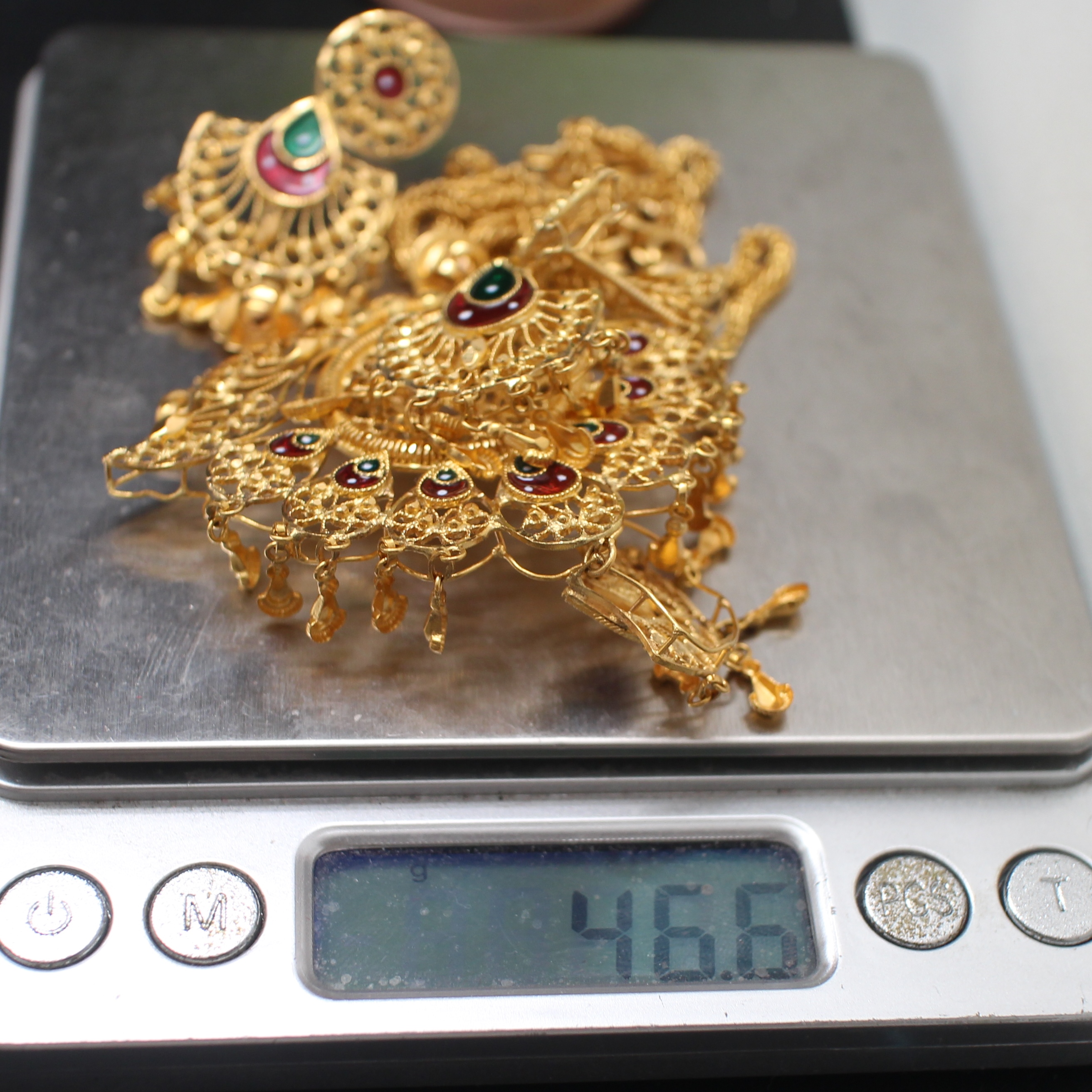 NL25028 ชุดสร้อยคอ และต่างหูลงยาตุ้งติ้ง ทองแท้ 22k (91.5%) นน.รวม 46.6 กรัม สร้อยคอยาว 20-21 นิ้ง ต่างหูแป้นเกลียว งานสวยมาก