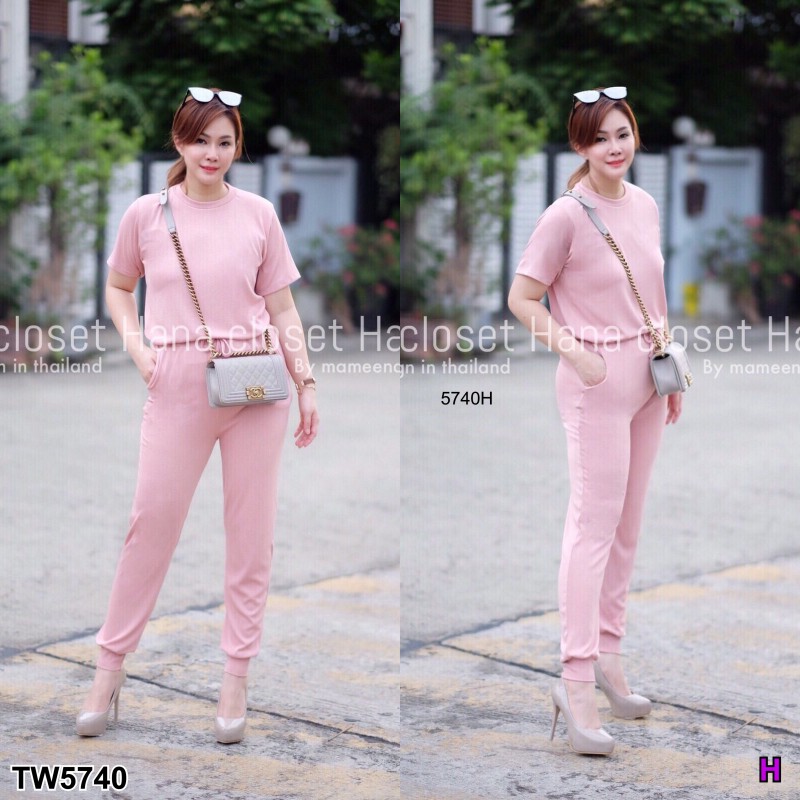 เซต #สาวอวบ เสื้อคอกลม+กางเกงขายาว ผ้ารังผึ้ง TW5740
