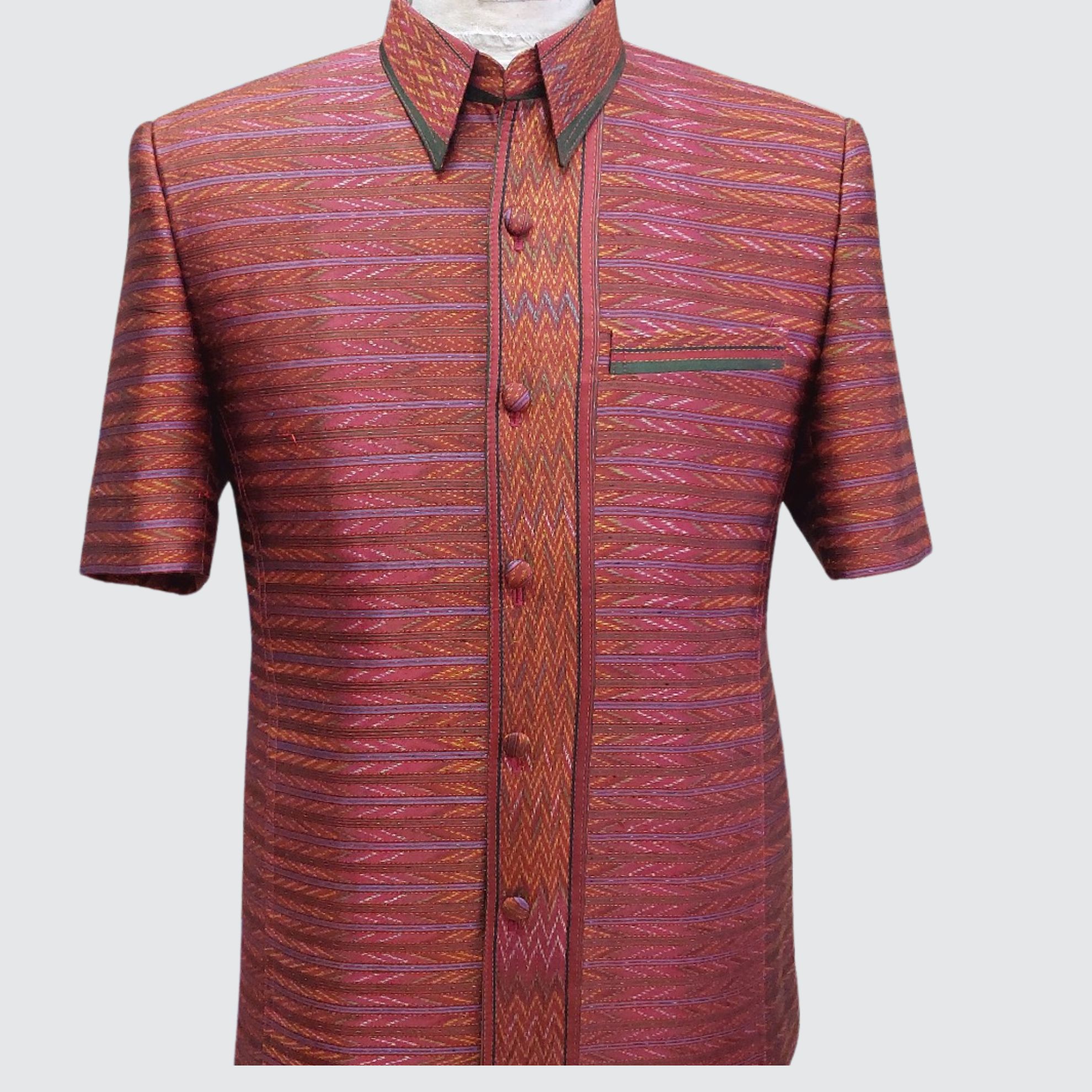 เสื้อสูทซาฟารี แขนสั้น ไหมมัดหมี่ลายโฮลบรรทัดสีธรรมชาติ | ตัดเย็บตามรูปร่าง | เลือกสีผ้า ส่งไซส์ได้