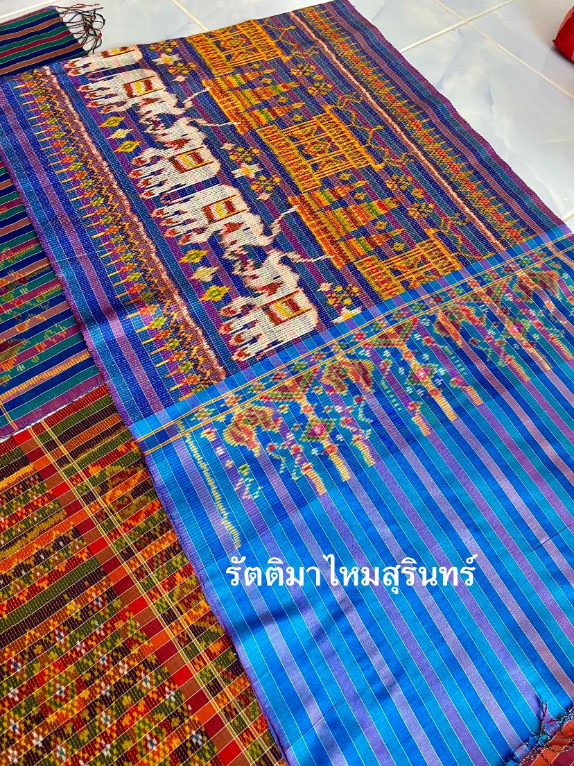 ผ้าคาดเอวผ้าไหม ผ้าขาวม้า ไหมแท้ ทอควบหางกระรอก ขนาด 65x200ซม. ลายช้างปราสาท สีฟ้า รหัส LM4A-RT-1215671