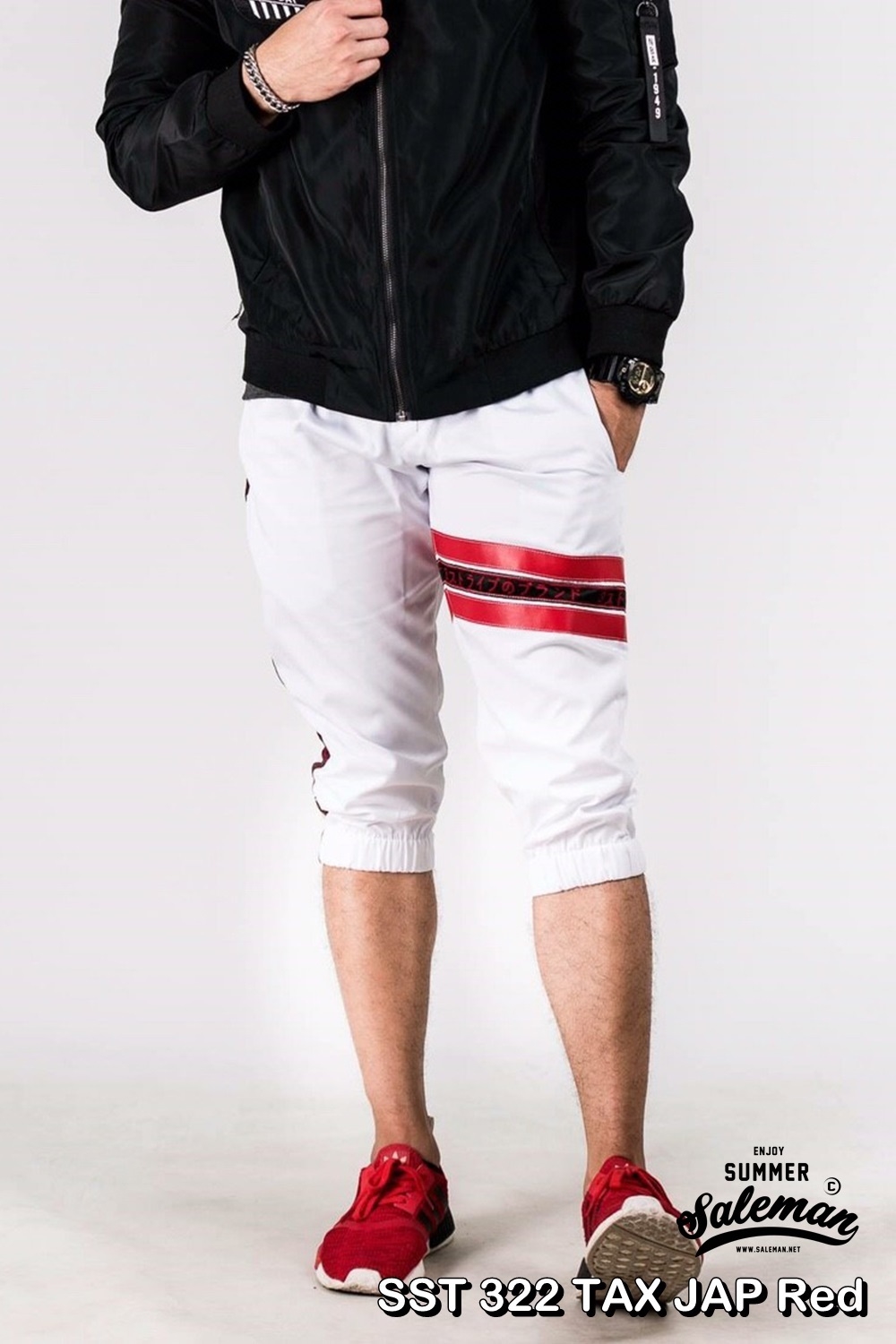 กางเกงสามส่วน พรีเมี่ยม ผ้า COTTON รหัส SST 322 TAX JAP Red สีขาว แถบแดง