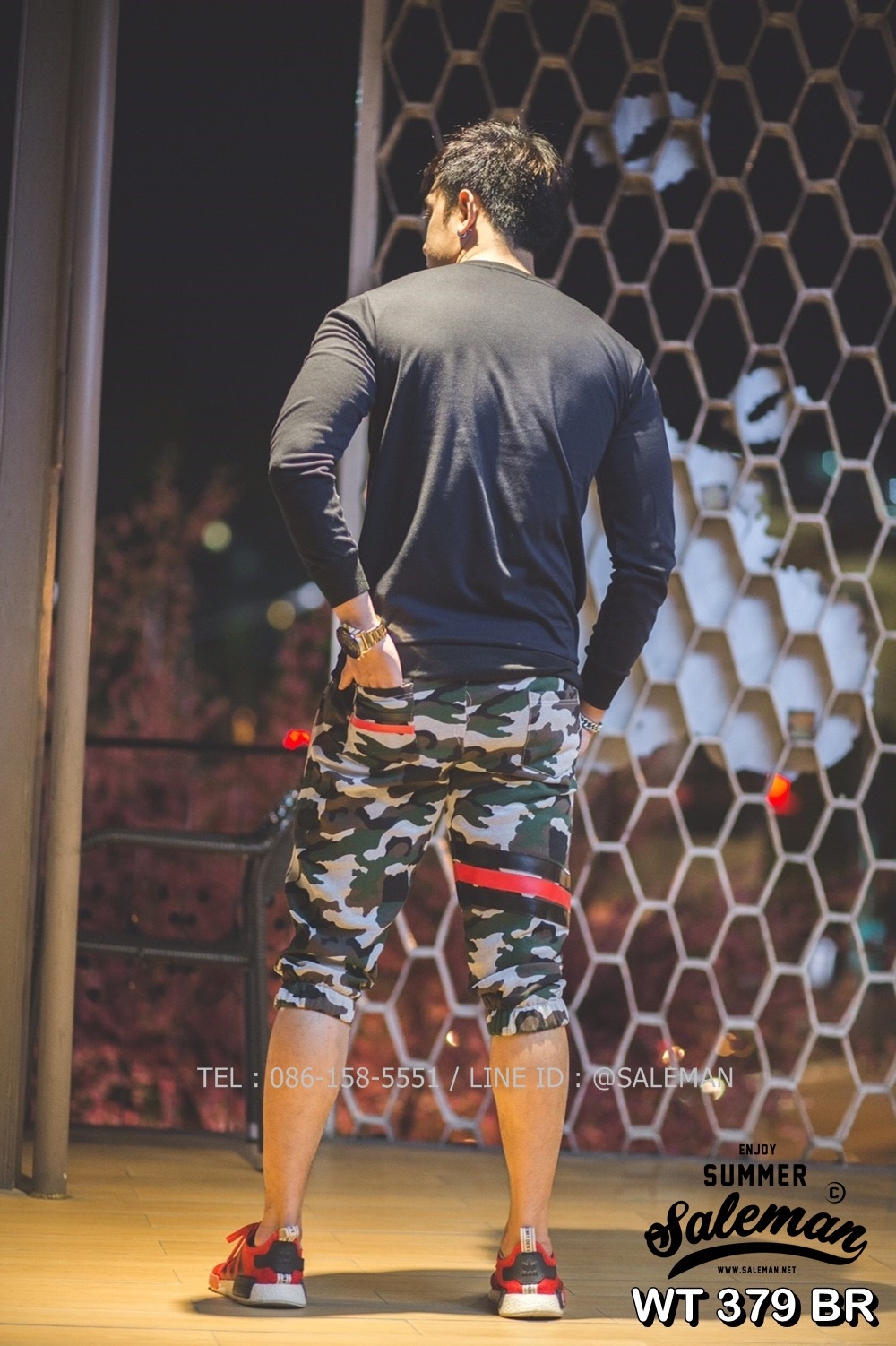 กางเกง Jogger ขาจั๊มสามส่วน พรีเมี่ยม ผ้า วอร์ม รหัส WT 379 BR สีทหาร แถบ ดำ แดง