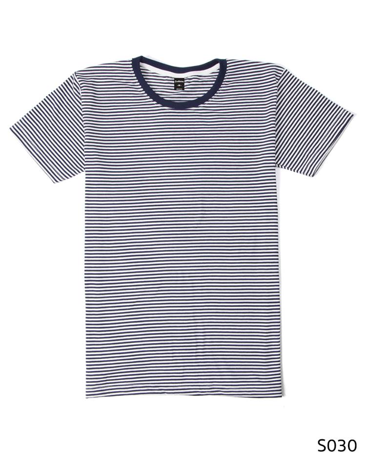 เสื้อยืดคอกลมลายทางริ้วเล็ก S030 (สีขาวกรมเข้ม)