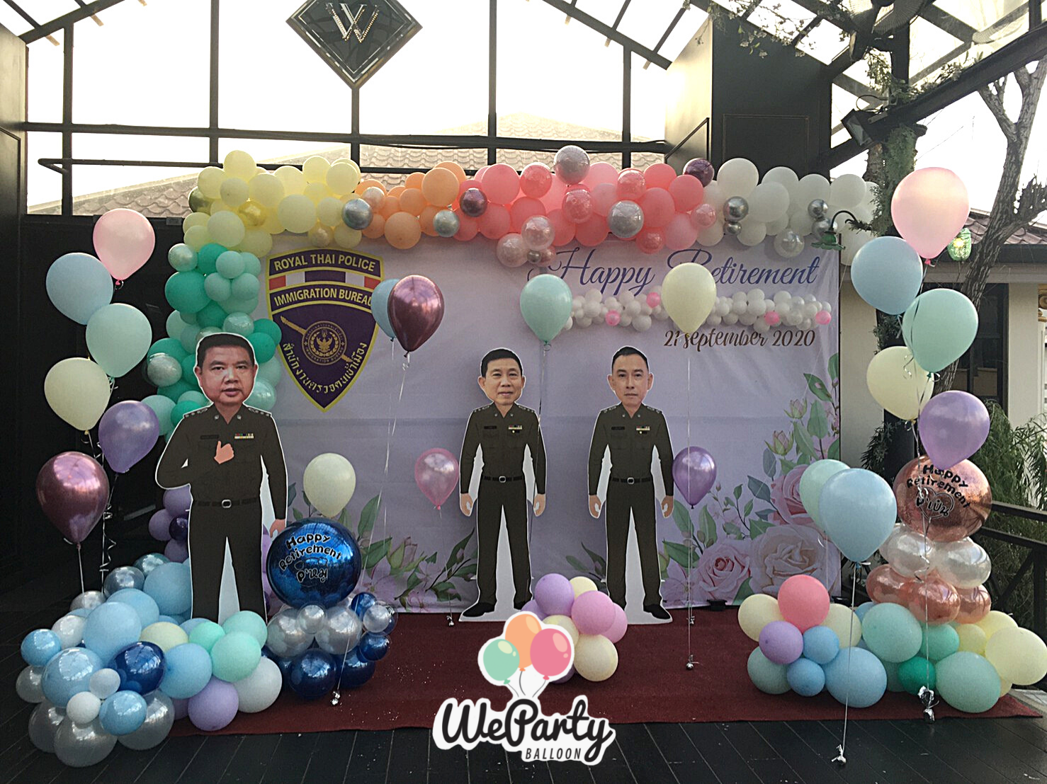 ลูกโป่งงานเกษียณ Happy Retirement ตกแต่งขอบลูกโป่งออร์แกนิก + ต้นยืนหัวบับเบิ้ล + ลูกโป่งก้อนเมฆพาสเทล + ลูกโป่งลอย 20ลูก (Organic กว้าง 3 เมตร x สูง 2 เมตร + ขอบที่พื้น 1 เมตร)(Bubble ฐานตั้งติดข้อความไม่เกิน 2 บรรทัด x2pcs) (สนใจสั่งซื้อผ่านLine: @wepar