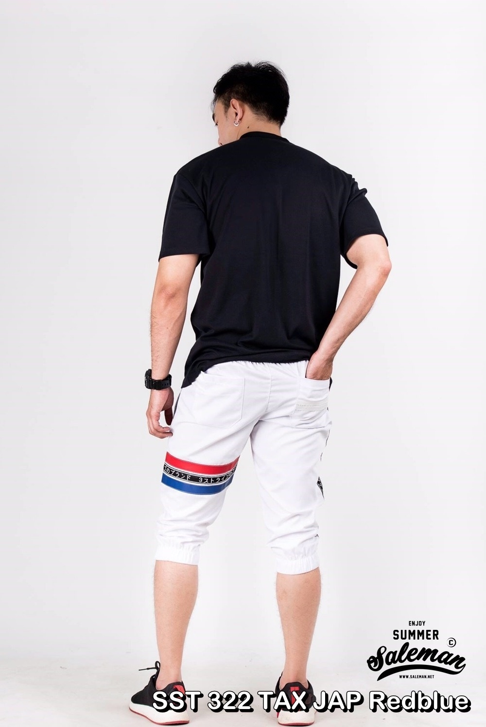 กางเกงสามส่วน พรีเมี่ยม ผ้า COTTON รหัส SST 322 TAX JAP RedBlue สีขาว แถบแดงน้ำเงิน