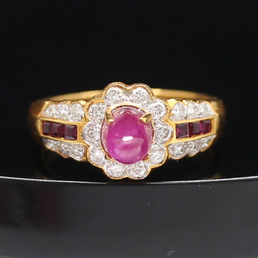 RG250201 แหวนทับทิมชูบ่าข้างเพชร เพชรแท้ 22 เม็ด 0.22 กะรัต ทองแท้ 90% นน.รวม 3.8 กรัม ขนาดแหวน 53