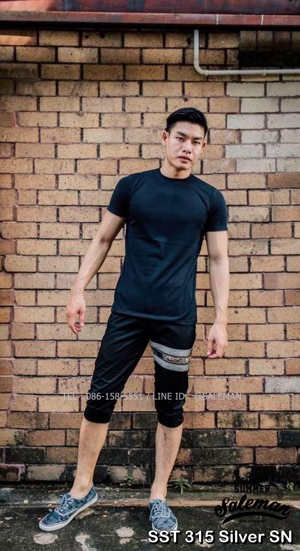 กางเกงสามส่วน พรีเมี่ยม ผ้า COTTON รหัส SST 315 Silver SN สีดำ แถบงูเงิน