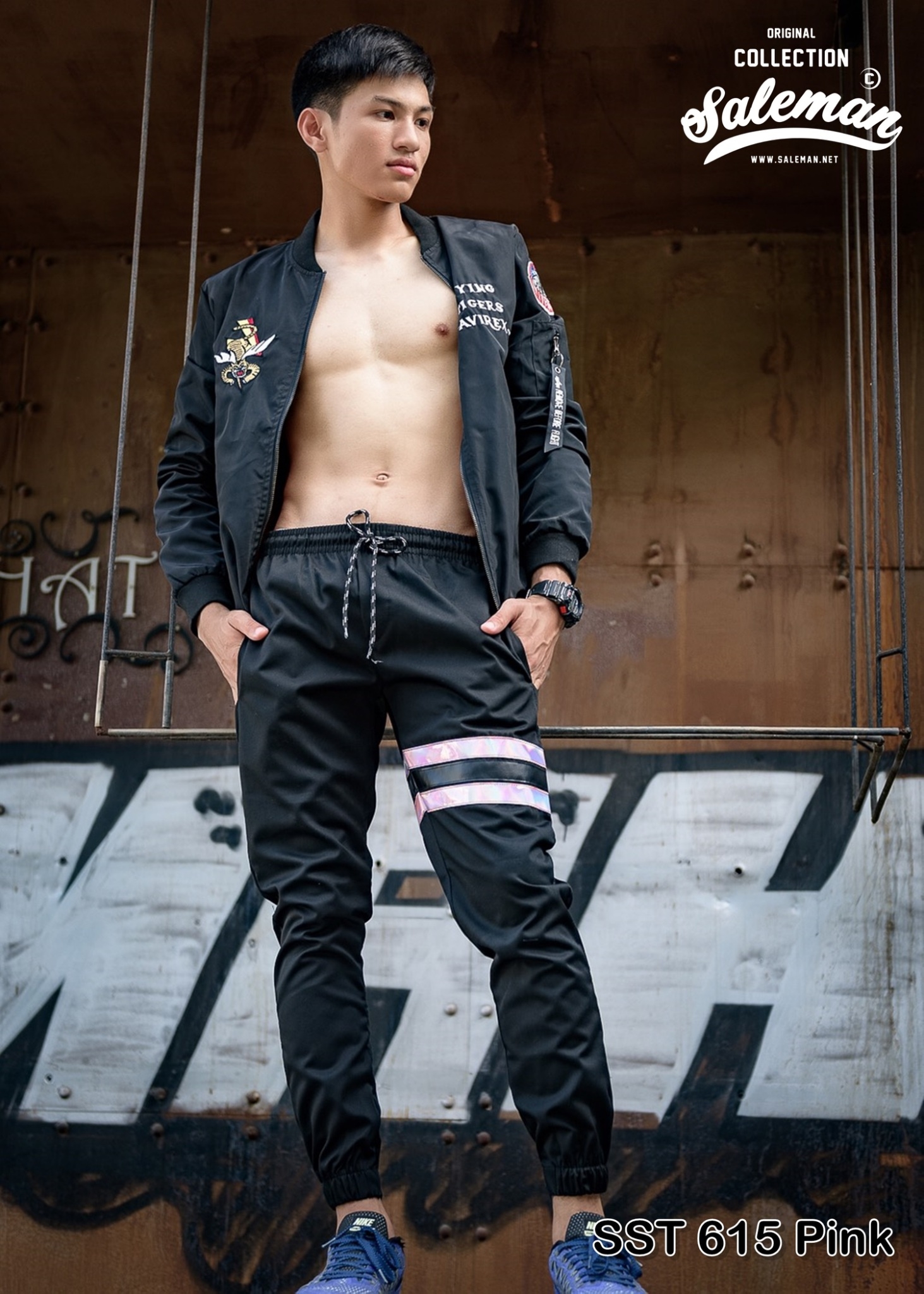 กางเกง JOGGER พรีเมี่ยม ผ้า COTTON 100% รหัส SST 615 Pink สีดำ แถบชมพู SUMMER SALE