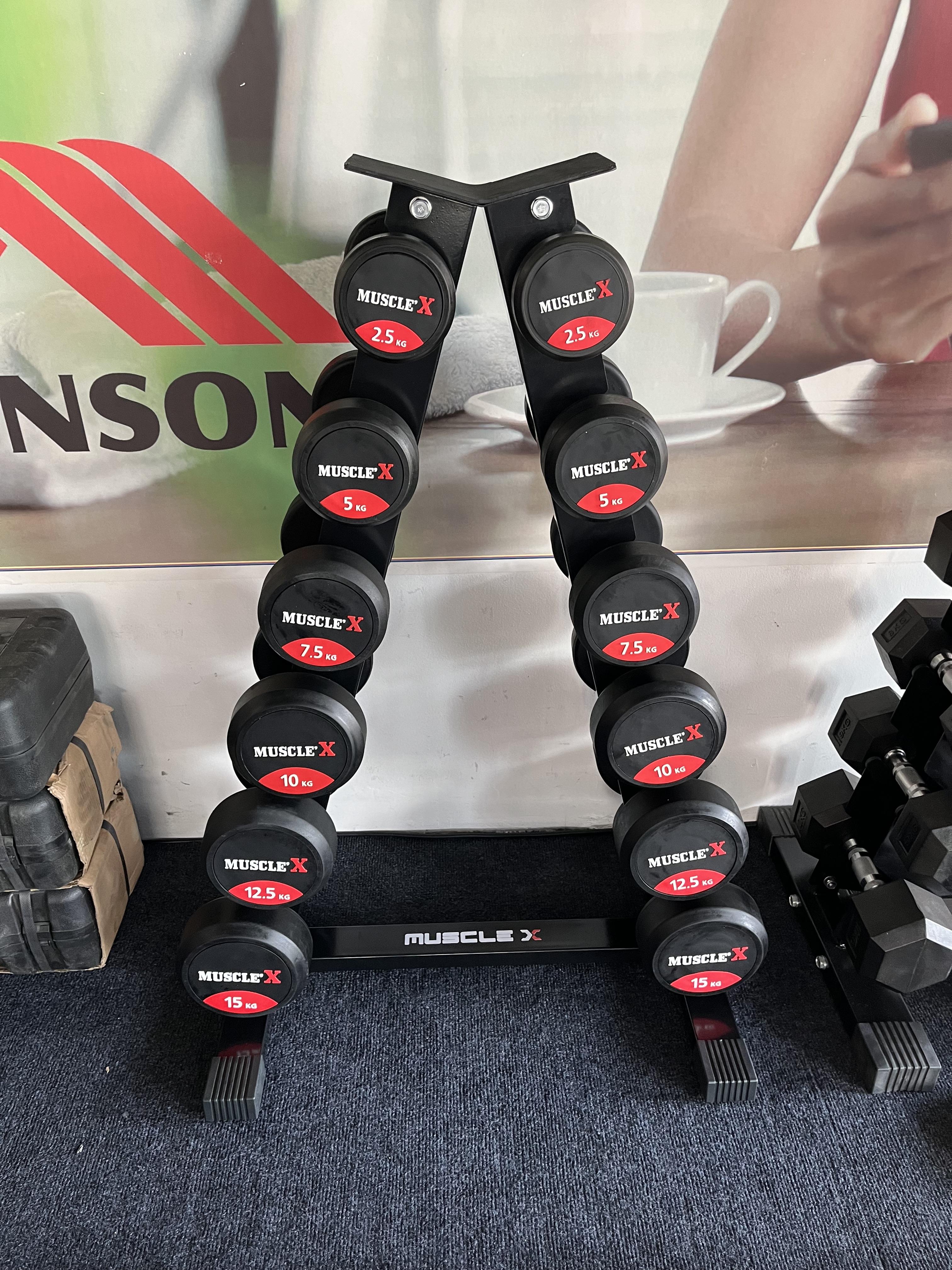 ดัมเบลทรงกลม พร้อมชั่นวาง มีโลโก้ MUSCLE X 6คู่