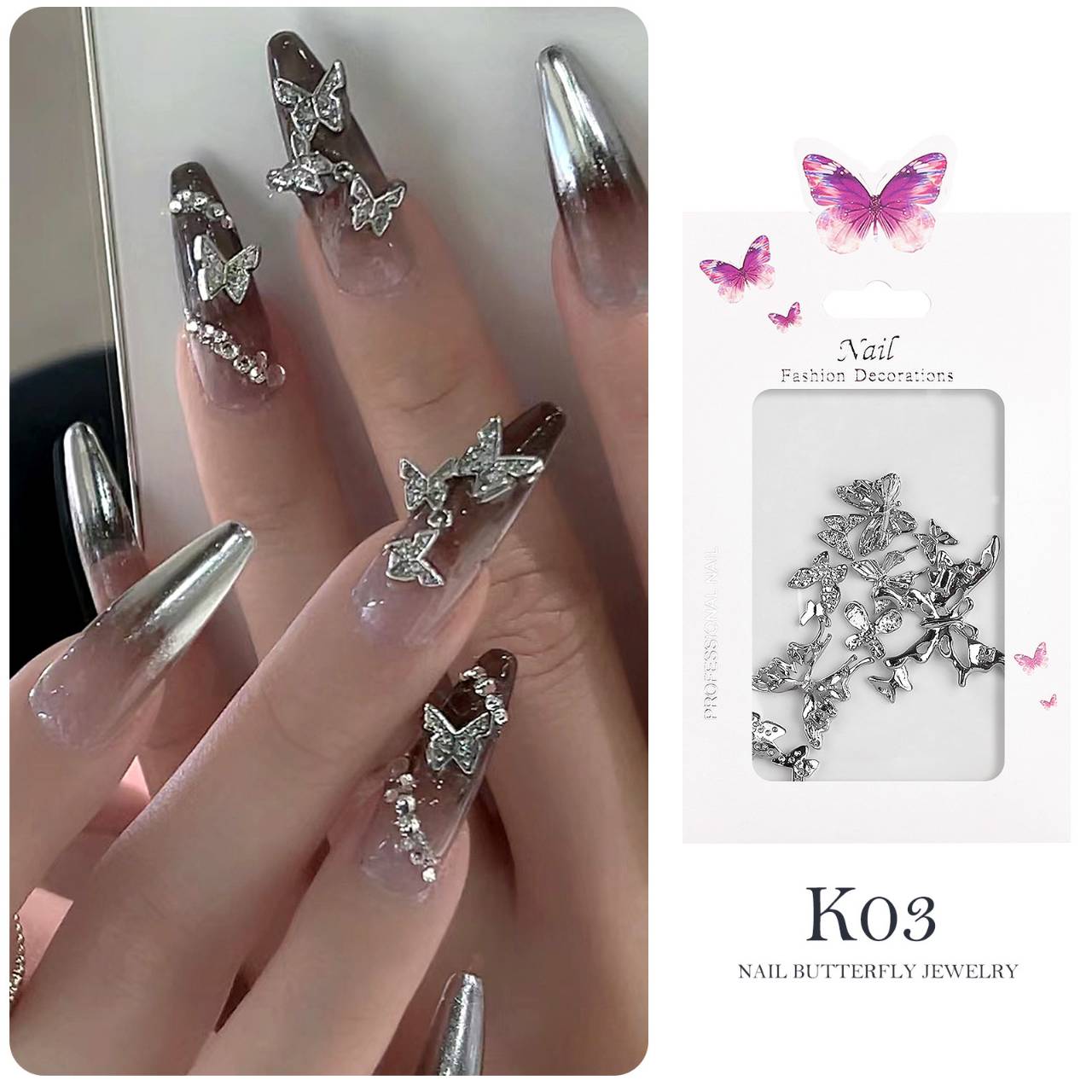 อะไหล่ติดเล็บผีเสื้อ เครื่องประดับเล็บ ผีเสื้อเพชร เงิน-ทอง 3D Nail Art