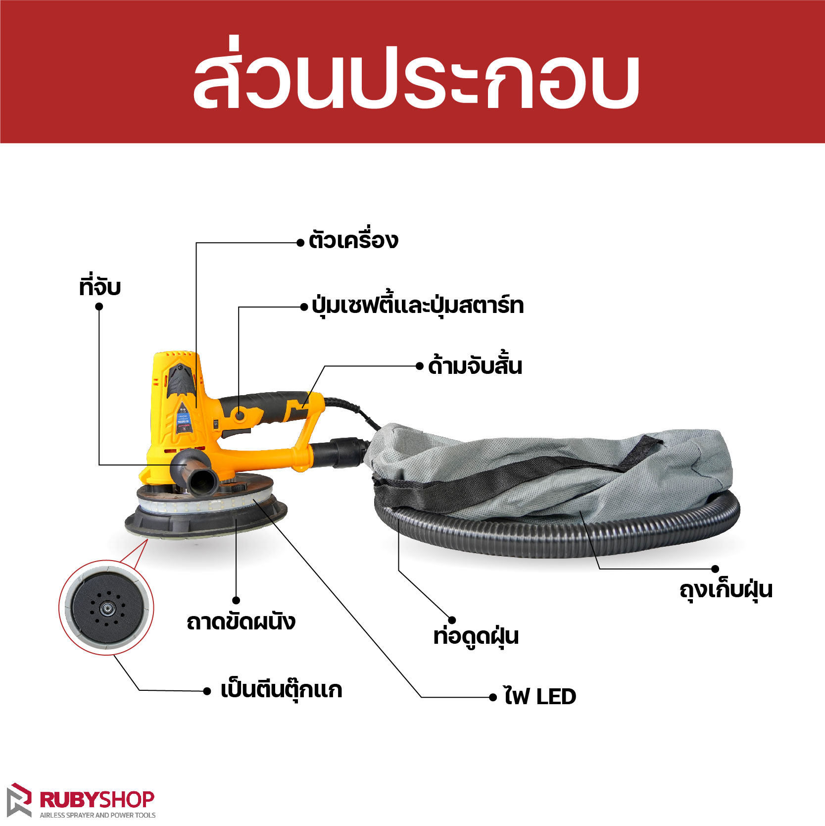 RUBYSHOP เครื่องขัดผนัง เครื่องขัดผนังไร้ฝุ่น เครื่องขัดกำแพง เครื่องขัดฝ้าเพดาน แรงวัตต์1390w ระบบดูดฝุ่นในตัว รุ่น RB-DWS180s