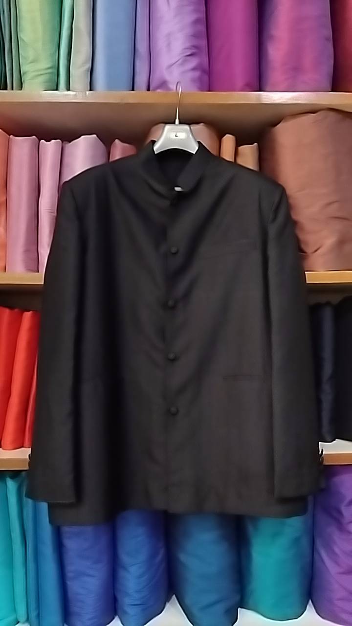 เสื้อสูทไหมคอพระราชทาน แขนยาว เนื้อยกดอกเม็ดพริกไทย สีดำสนิท Size L อก 44 นิ้ว รหัส DM-NY
