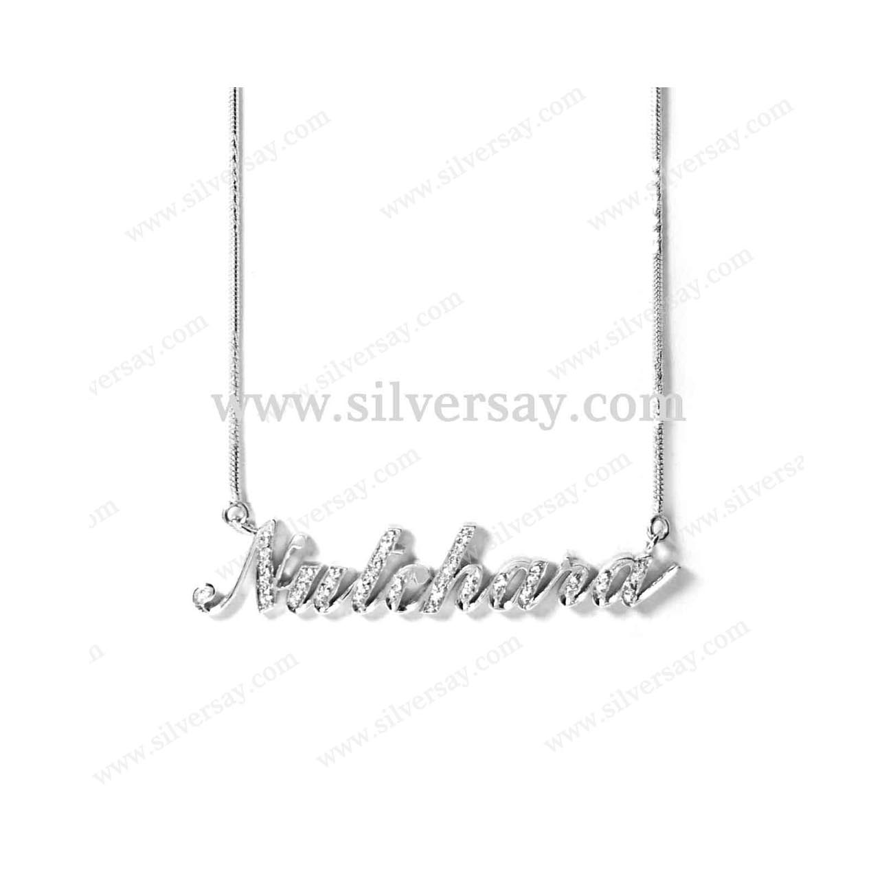 จี้ชื่อ-สร้อยชื่อ "Nutchara" ฝังเพชรสวิส พร้อมสร้อยคอลายอิตาลี เงินแท้ 925 ชุบทองคำขาว