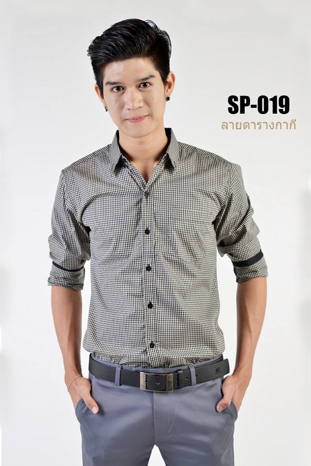 เสื้อเชิ้ตผู้ชายลายตารางสีกากี SP-019
