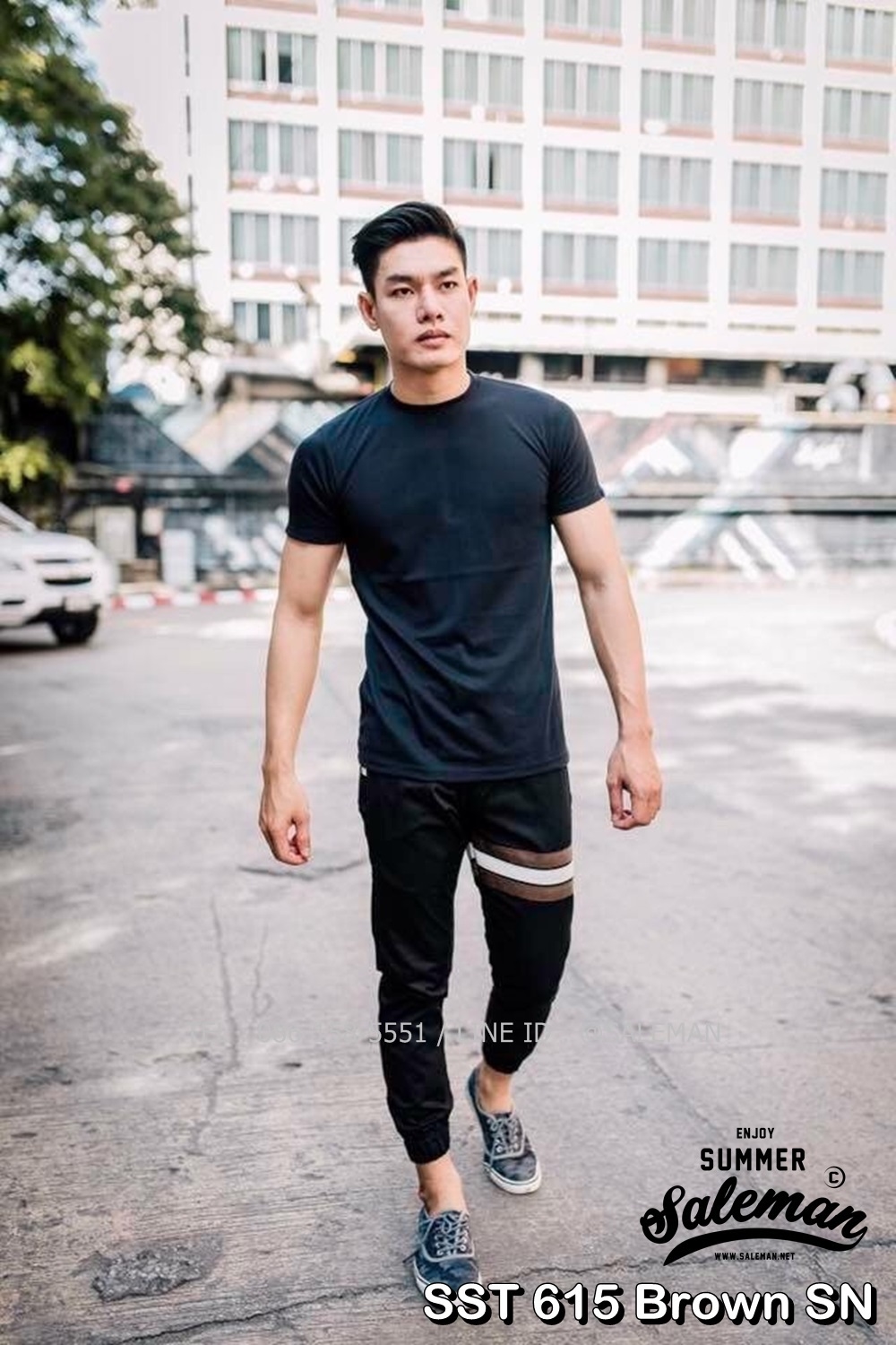 กางเกง JOGGER พรีเมี่ยม ผ้า COTTON รหัส SST 615 Brown SN สีดำ แถบน้ำตาลงู