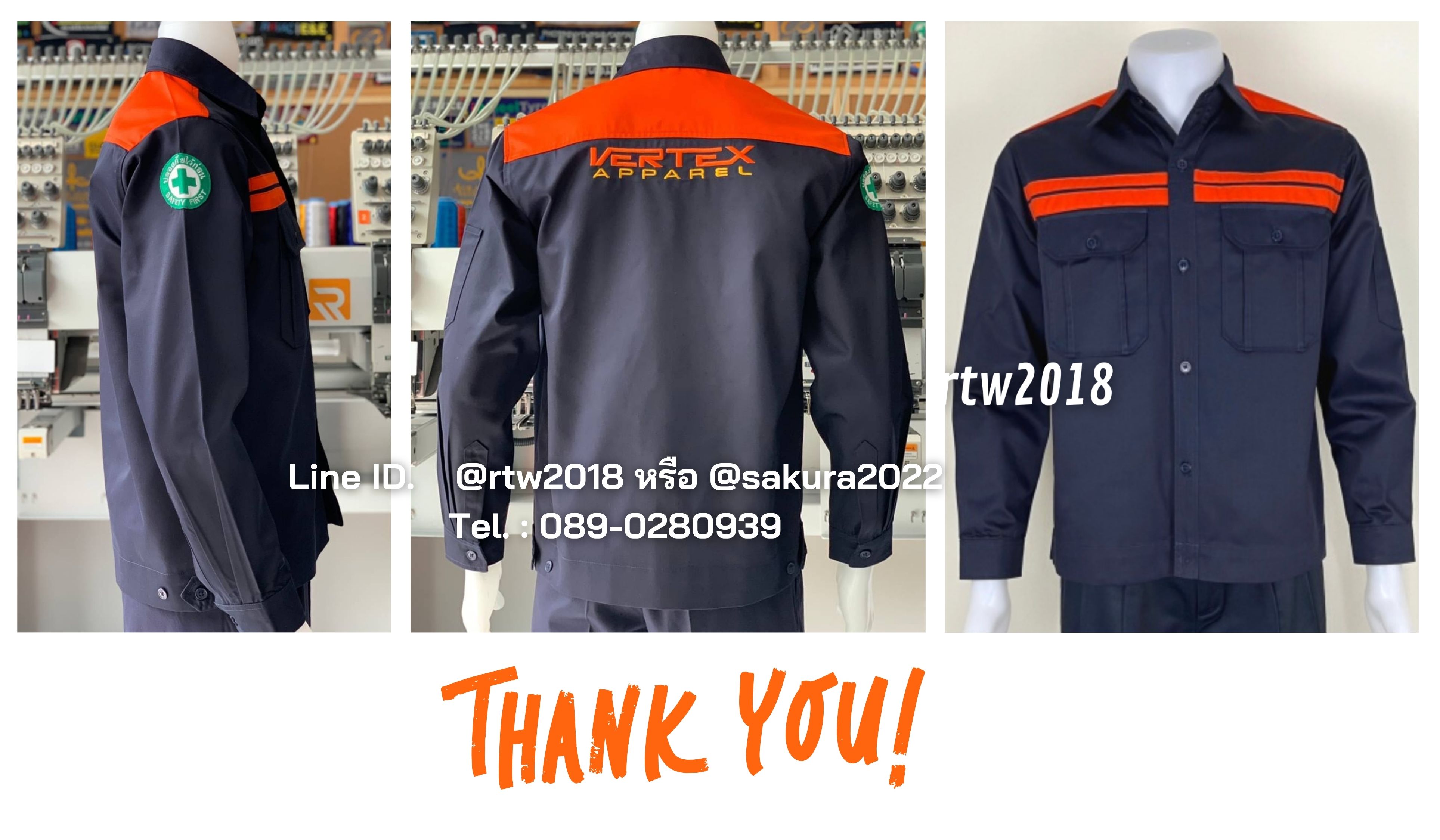 รหัส AB8.2 : เสื้อช่างแขนยาวผ้าคอมทวิวสีกรมท่าคาดอกส้มคู่