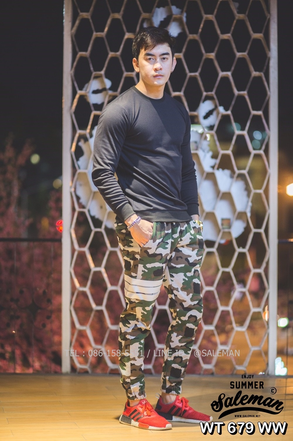 กางเกง Jogger ขาจั๊ม พรีเมี่ยม ผ้า วอร์ม รหัส WT 679 WW สีทหาร แถบ ขาว