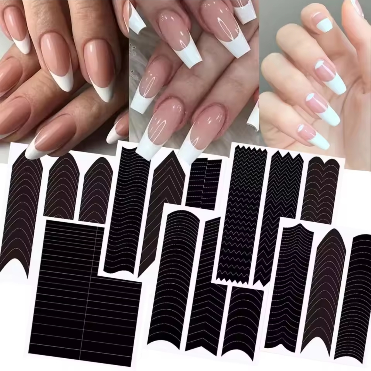 สติ๊กเกอร์ไกด์เพนท์เล็บ ปลายขาว เฟรนช์ทิป (French Tip Guide Stickers) แม่แบบทำเล็บเจล ลาย V-Shape,โค้งมน,ปลายตรง