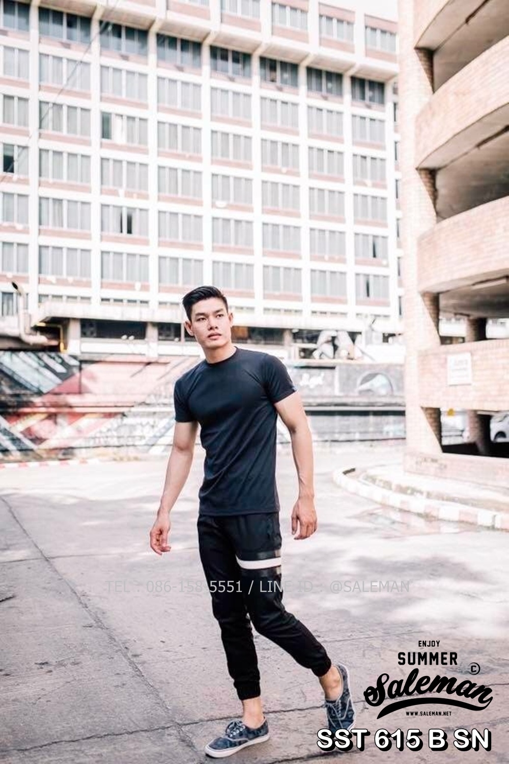 กางเกง JOGGER พรีเมี่ยม ผ้า COTTON รหัส SST 615 B SN สีดำ แถบดำงู SUMMER SALE