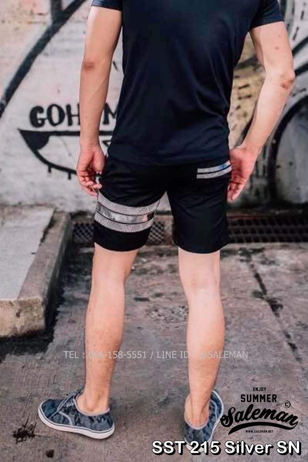 กางเกงขาสั้น พรีเมี่ยม ผ้า COTTON รหัส SST 215 Silver SN สีดำ แถบงูเงิน