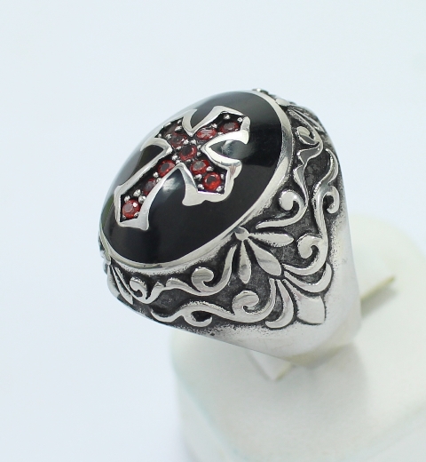 SI0054 แหวนไม้กางเขนลงยาประดับพลอยแดง เงินแท้ 92.5% นน.14.6 กรัม ขนาดแหวน 48