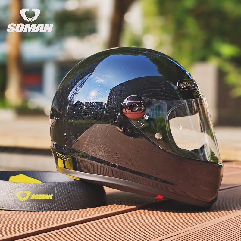 SOMAN - หมวกกันน็อคสายคลาสิค วินเทจ เรโทร รุ่น H9 สีดำเงา