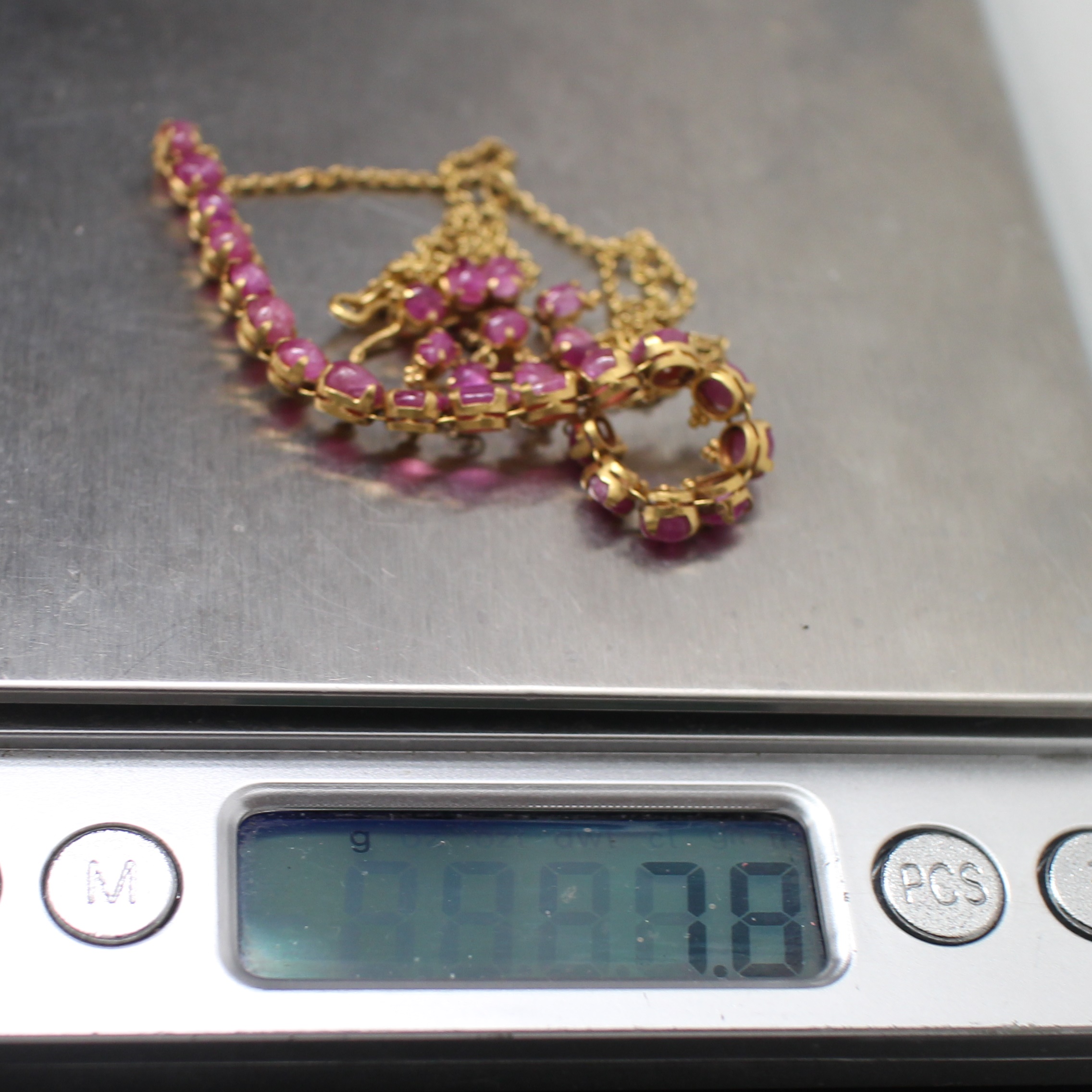 NL25004 สร้อยคอทับทิมดอกไม้ตุ้งติ้ง ทองแท้ 90% นน.รวม 7.8 กรัม ยาว 15-16 นิ้ว งานเก่าหลุดจำนำ