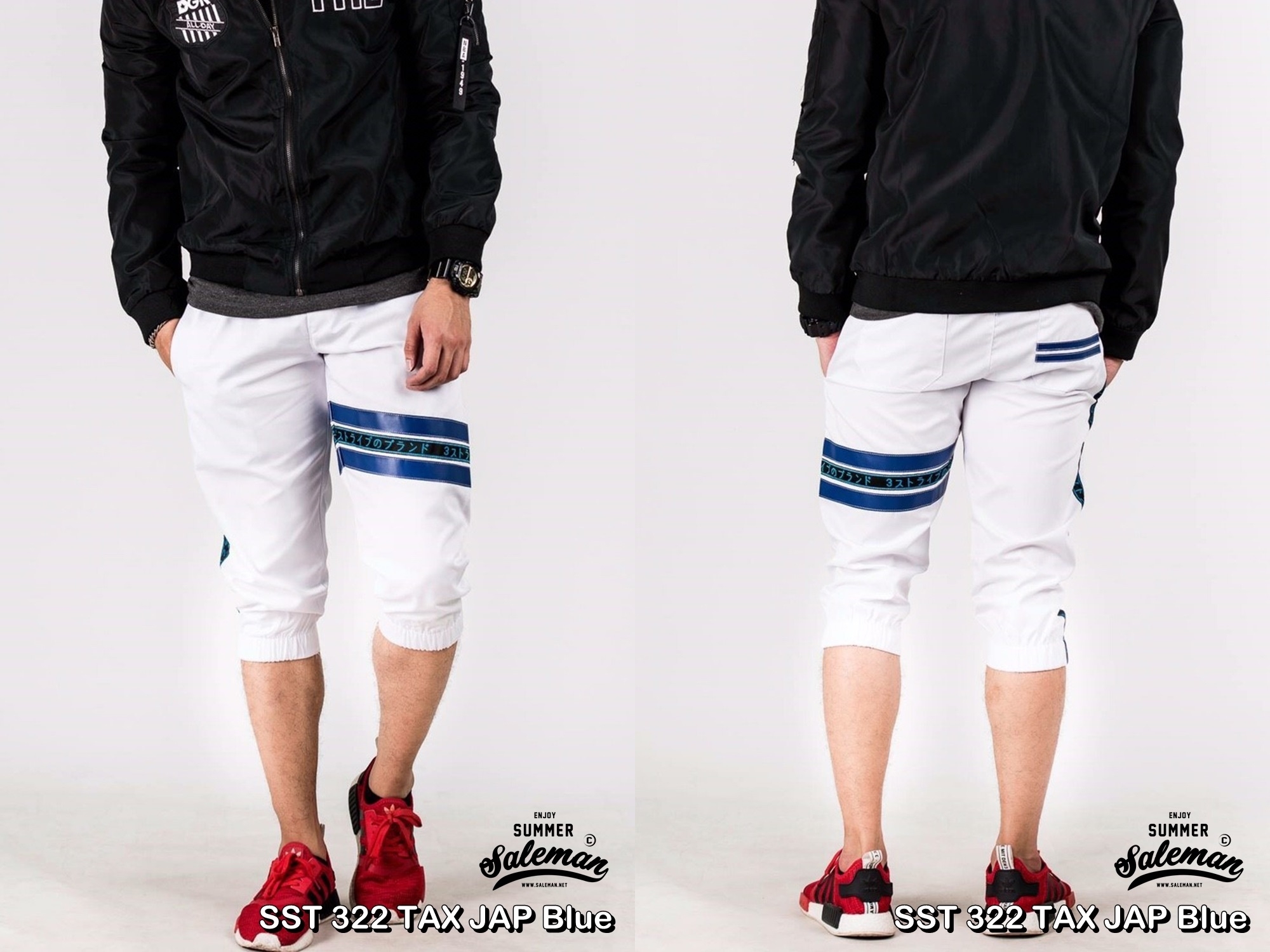 กางเกงสามส่วน พรีเมี่ยม ผ้า COTTON รหัส SST 322 TAX JAP Blue สีขาว แถบน้ำเงิน