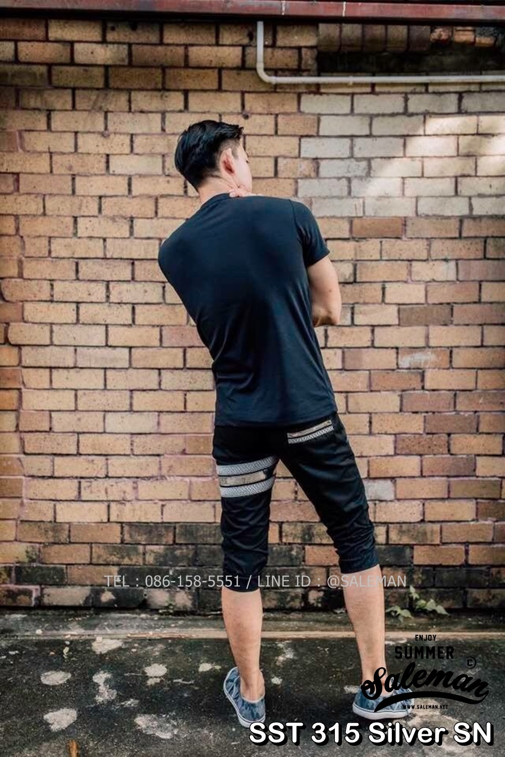 กางเกงสามส่วน พรีเมี่ยม ผ้า COTTON รหัส SST 315 Silver SN สีดำ แถบงูเงิน
