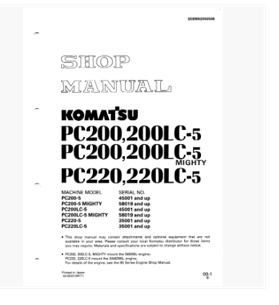 หนังสือ คู่มือซ่อม การถอดประกอบ จักรกลหนัก KOMATSU PC200-5, PC200LC-5 PC220-5, PC220LC-5 (ทั้งคัน) EN