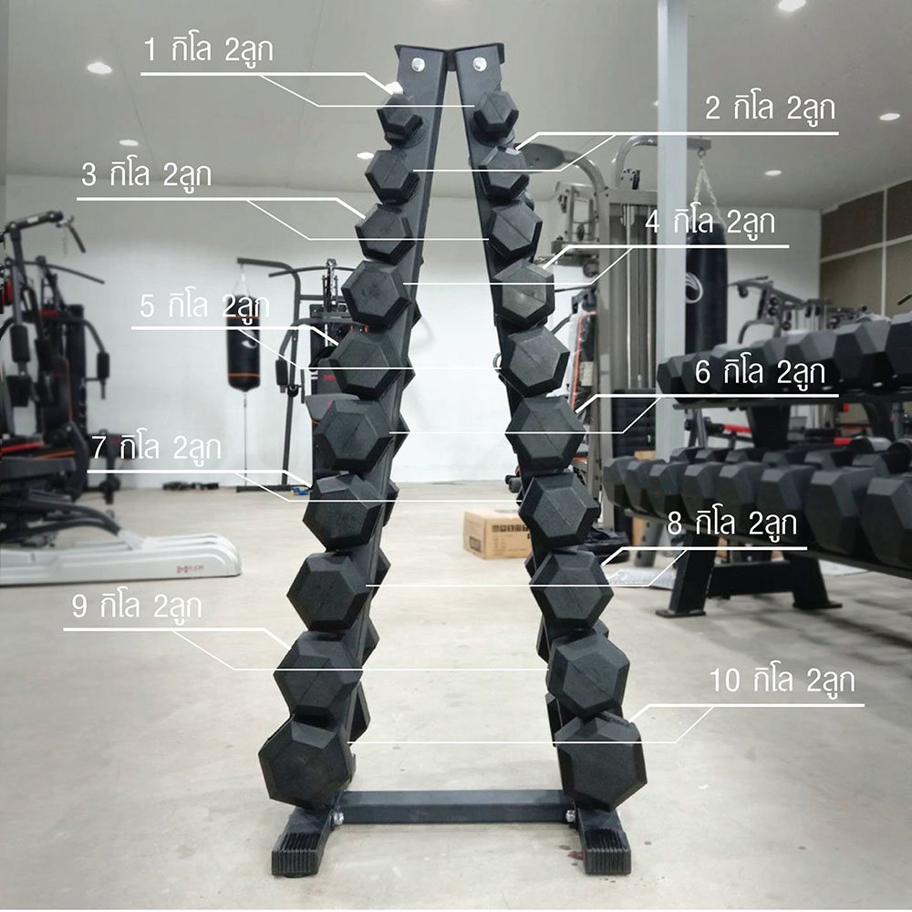 ชุดดัมเบลหกเหลี่ยมหุ้มยาง ชุด 110Kg. พร้อมชั้นวางดัมเบลเหล็ก 10คู่ ทรงA