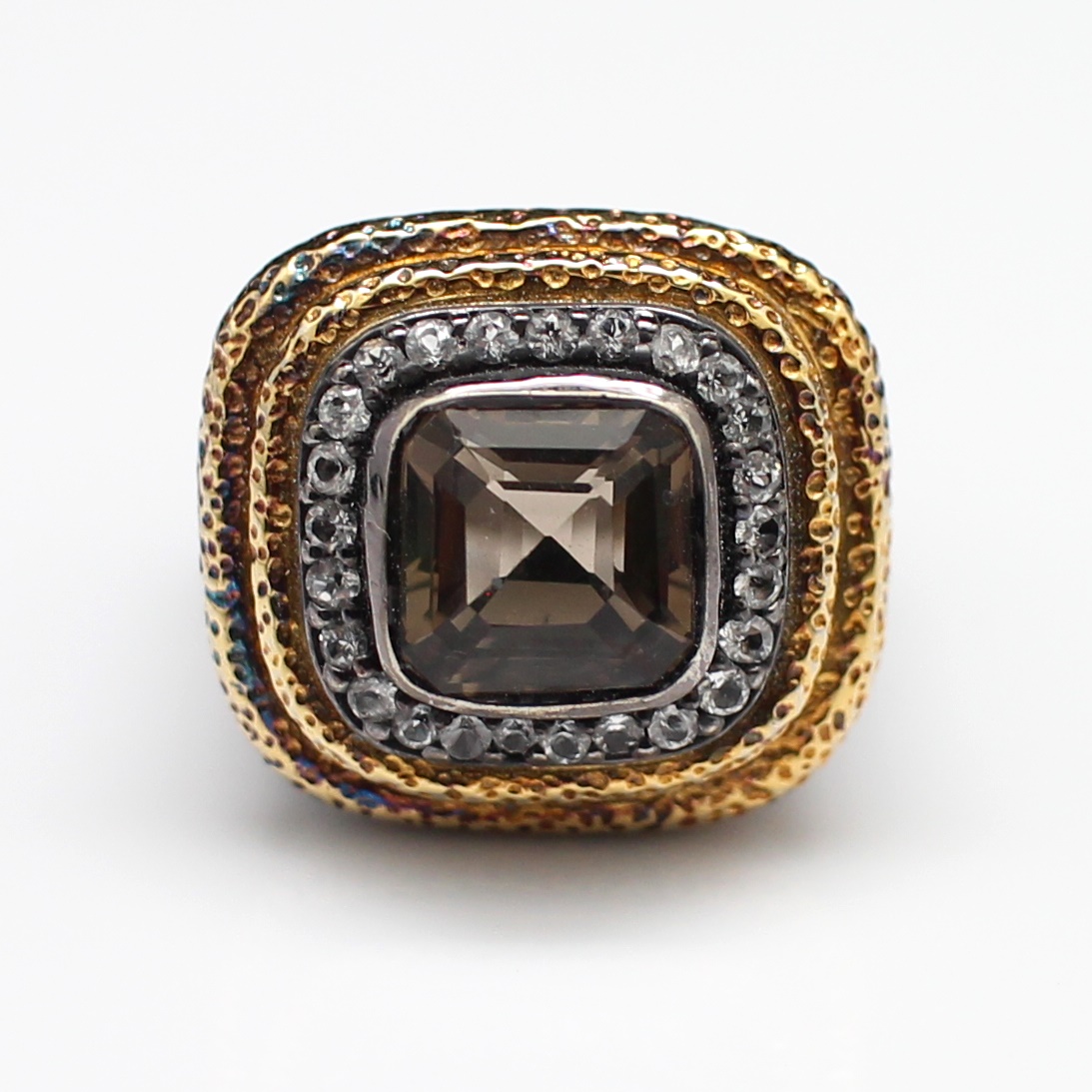 SI343 แหวนสโมกกี้โทปาสล้อมพลอยขาว ตัวเรือนเงินแท้ 92.5% นน.รวม 15.29 กรัม ขนาดแหวน 55