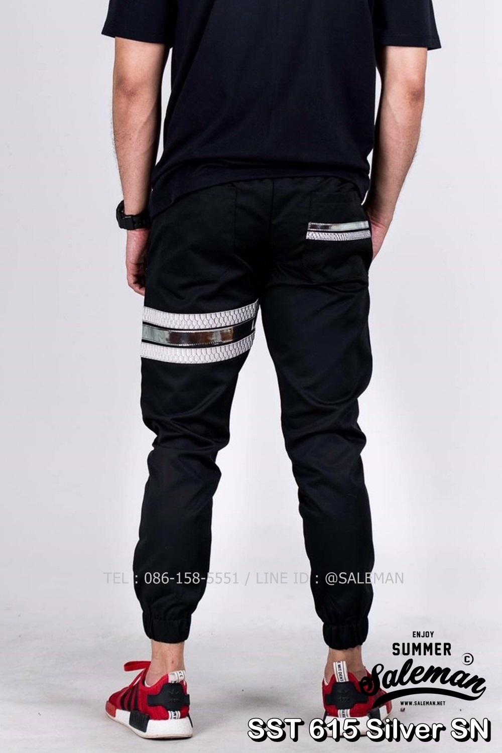 กางเกง JOGGER พรีเมี่ยม ผ้า COTTON รหัส SST 615 Silver SN สีดำ แถบงูเงิน