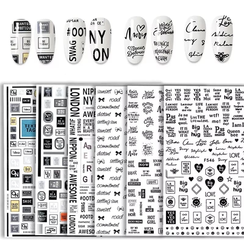 สติ๊กเกอร์ติดเล็บ แต่งเล็บ รูปดอกไม้ ตัวหนังสือ สีขาว,ดำ