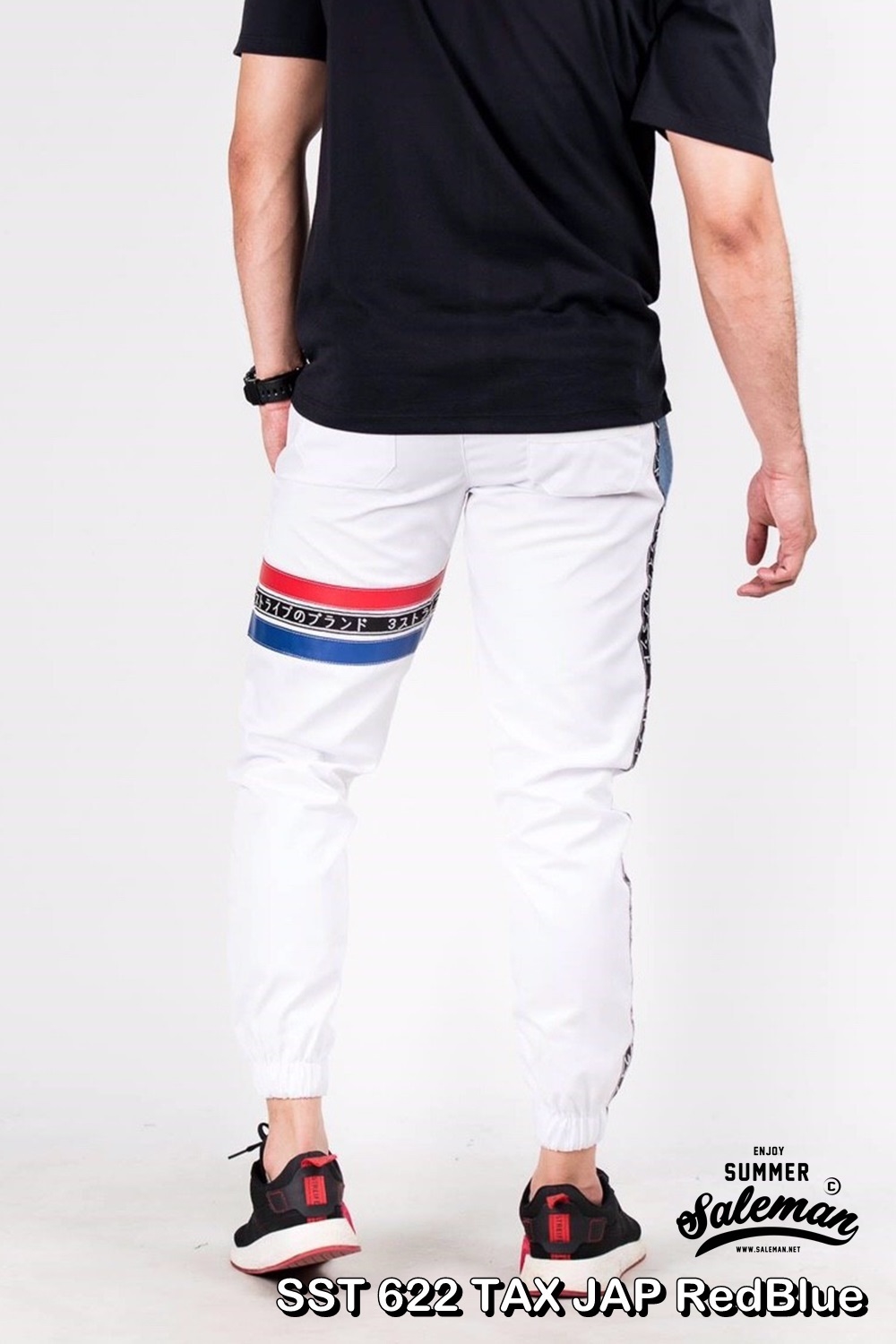 กางเกง JOGGER พรีเมี่ยม ผ้า COTTON รหัส SST 622 TAX JAP RedBlue สีขาว แถบแดงน้ำเงิน
