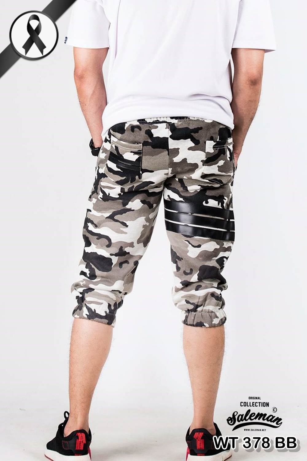 กางเกง Jogger ขาจั๊ม สามส่วน ผ้าวอร์ม WT378 ฺฺBB ลายทหาร แถบดำ