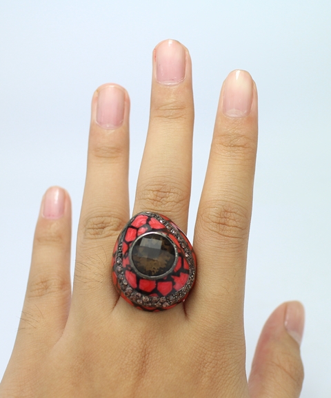 SI0094 แหวนเงินลงยาพลอยม่วงกลมเจียระไน เงินแท้ นน.19 กรัม Size 53