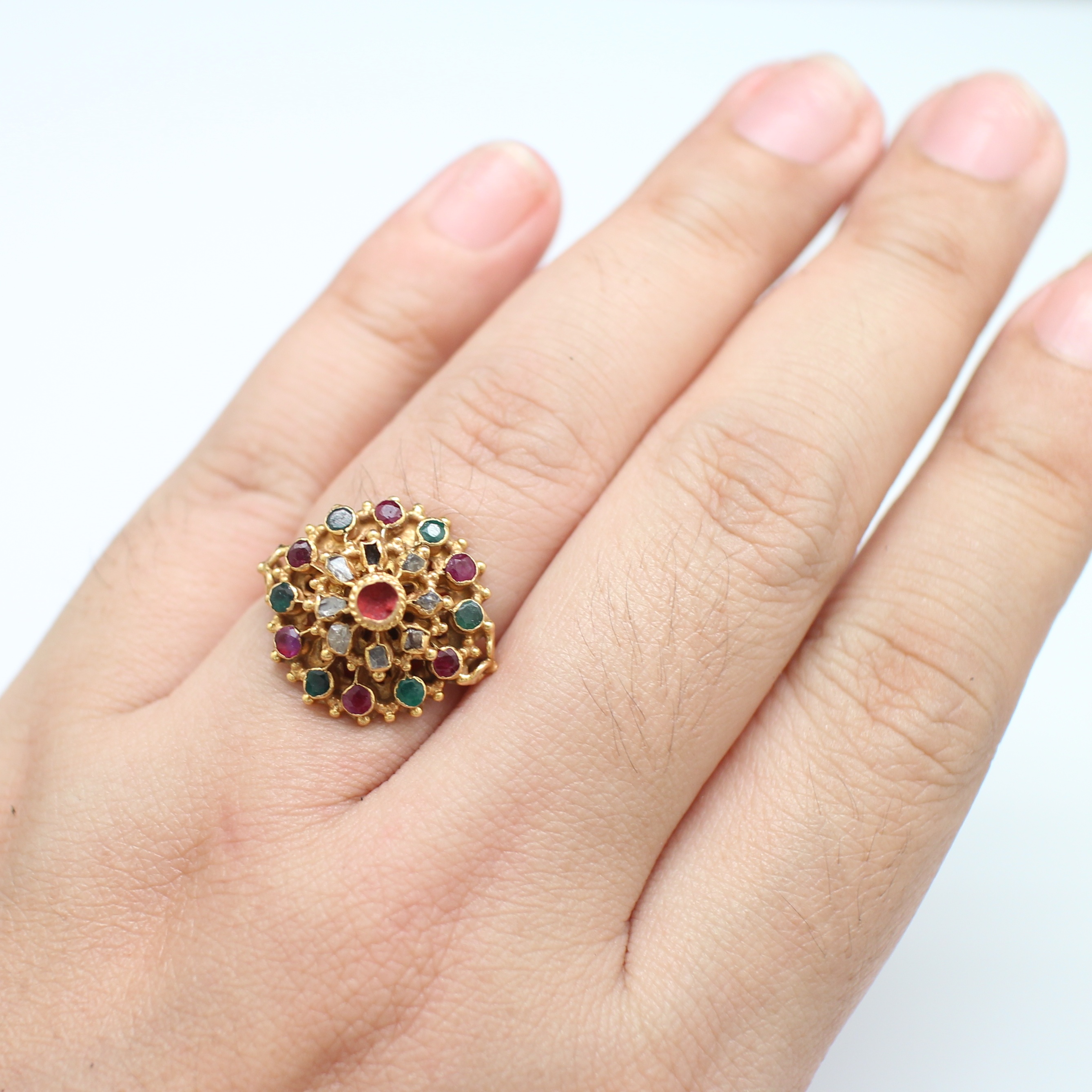 RG250413 แหวนพลอยสามสีทรงฉัตร ทับทิม มรกต เพชรซีก ทองแท้ 90% นน.รวม 4.4 กรัม ขนาดแหวน 57.5