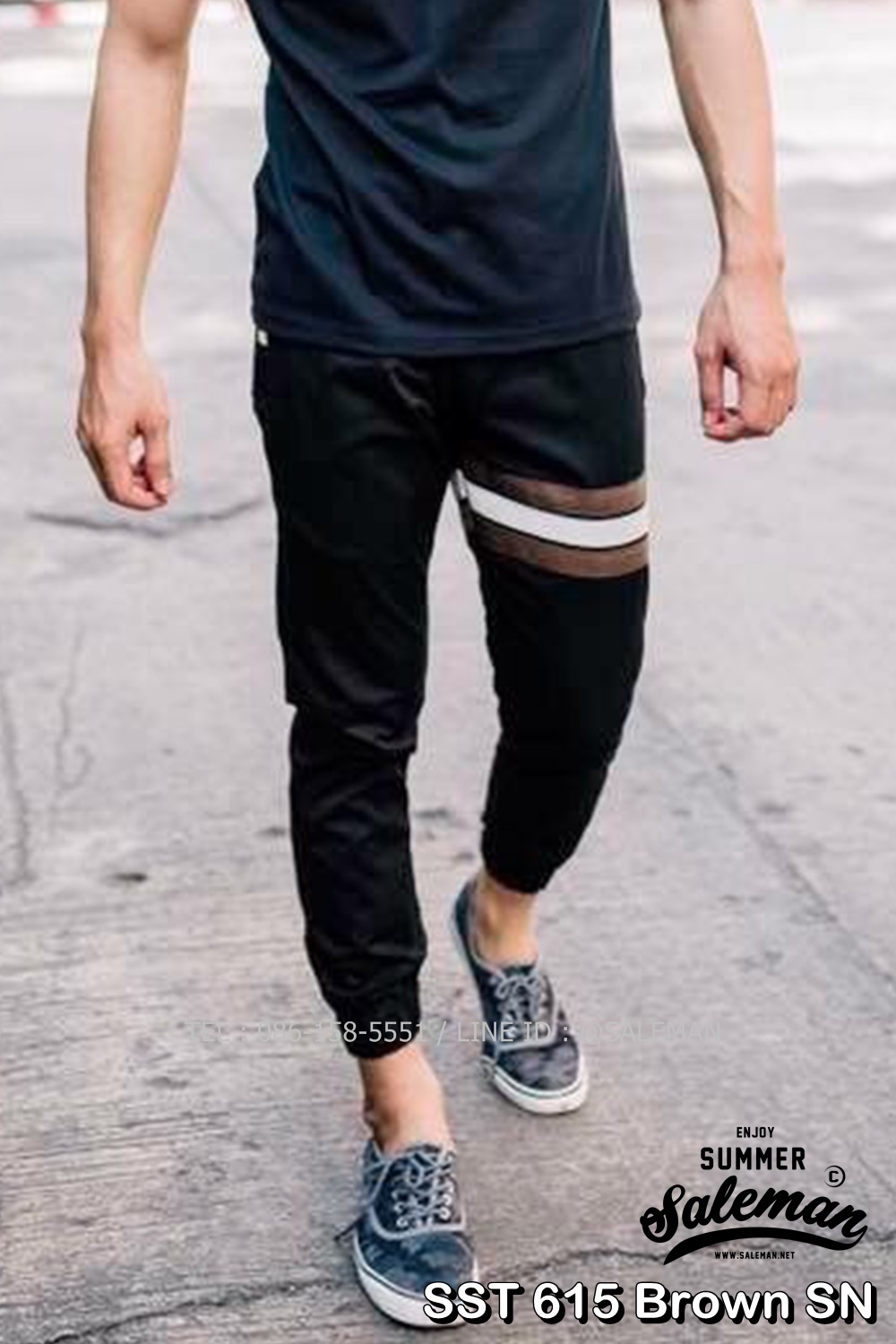 กางเกง JOGGER พรีเมี่ยม ผ้า COTTON รหัส SST 615 Brown SN สีดำ แถบน้ำตาลงู
