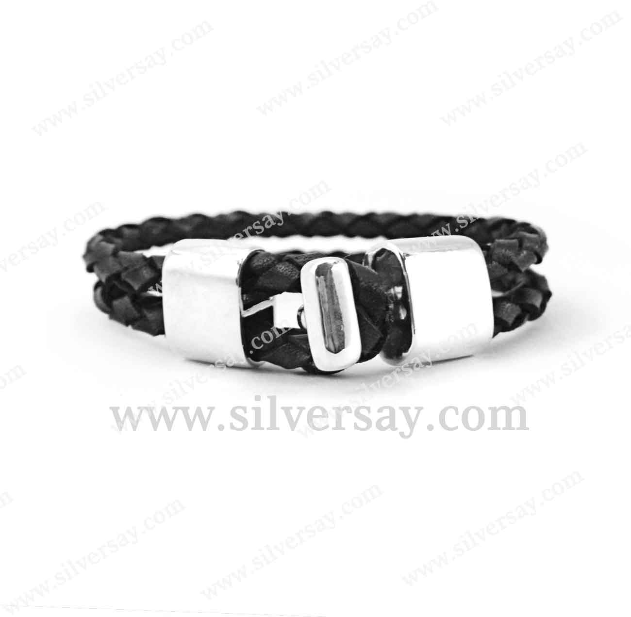 สายรัดข้อมือหนังถักสีดำกับเงินแท้ 925 ขัดเงา
