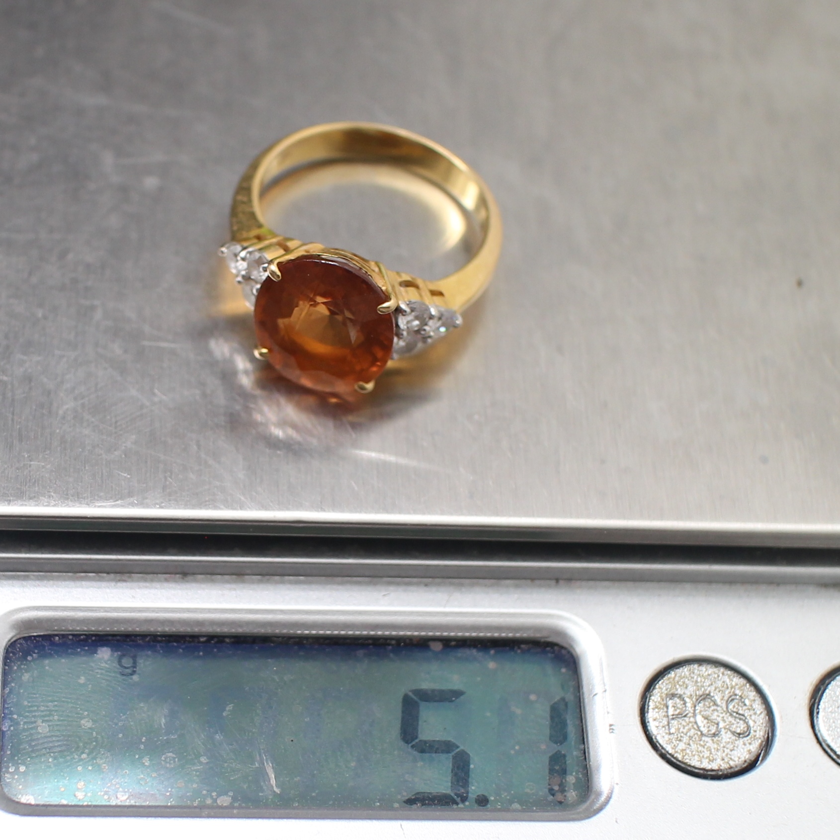 RG250086 แหวนโกเมนสีส้ม บ่าขางเพชรแท้ 6 เม็ด 0.36 กะรัต ทองแท้ 90% นน.รวม 5.2 กรัม ขนาดแหวน 55