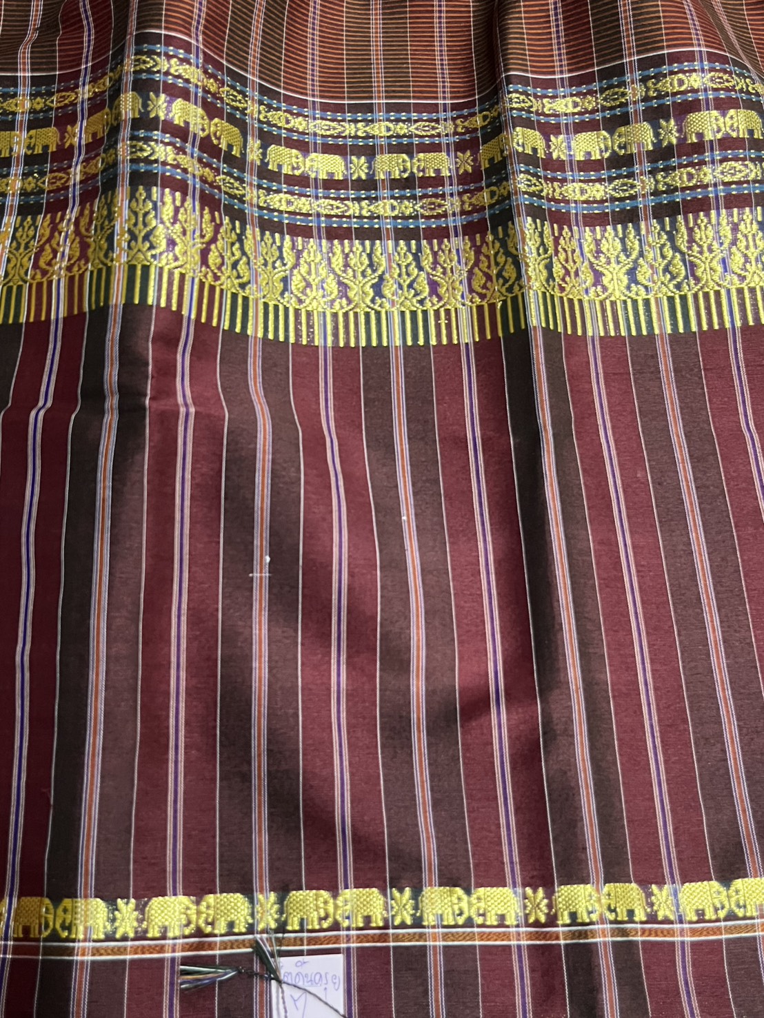 ผ้าขาวม้า ไหมแท้ ยกขิดดิ้นลายช้าง มีชายครุย ขนาด 65X200ซม. รหัส R4E-NY-7